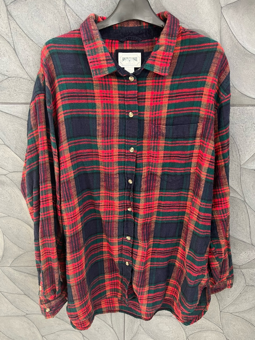 American Eagle Outfitters Red and Green Plaid Button-Down Shirt